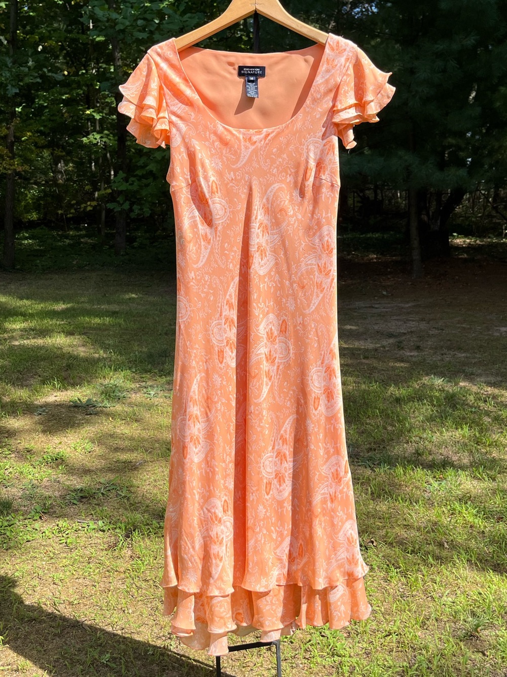Y2K Jones New York 100% Silk Bias Cut Peach Paisley Ruffle Midi Dress Size 14